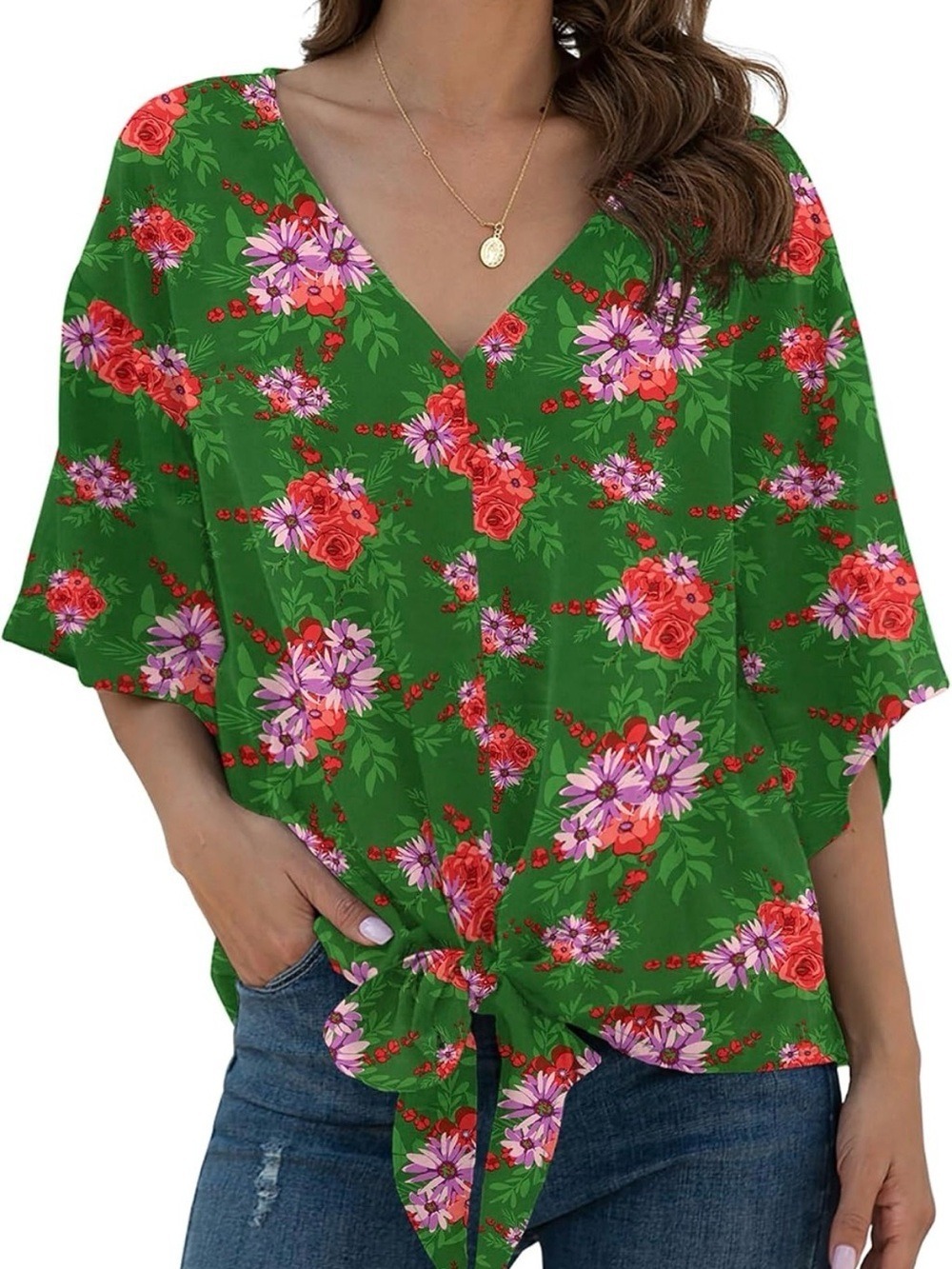 Floral Tie-Front V-Neck Blouse - Green